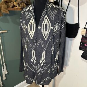Lucky Brand Embroidered Aztec Open Front Cardigan Boho Southwestern NWT Small